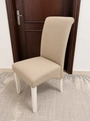 Set of 6 Beige Fabric Dining Chairs with White Wooden Legs – Clean and Good Condition