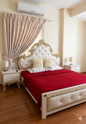 Luxurious Baroque-Style Bedroom Set (Ornate Bed  Matching Vanity with Mirror)