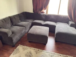 Large Charcoal Grey U-Shaped Sectional Sofa with Chaise & Matching Ottoman