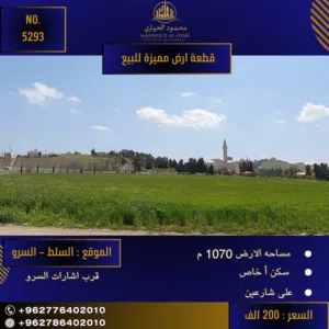 رقم الاعلان (5293) قطعة أرض مميزة للبيع في منطقة السلط , السرو , قرب أشارات السرو
