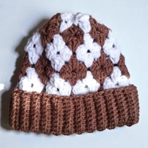 Handmade crochet soft and chunky diamond stitch beanie adult size brown and white