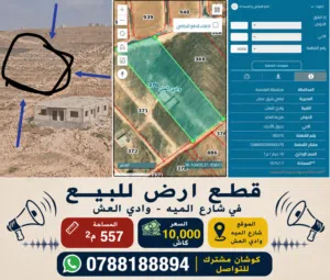 قطع ارض للبيع في شارع الميه وادي العش  تبعد عن شارع الميه 600متر