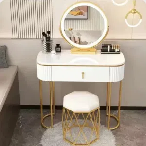 Modern Makeup Vanity Table with Mirror and Chair, Dressing Table with 2 Drawers and Gold Metal Frame