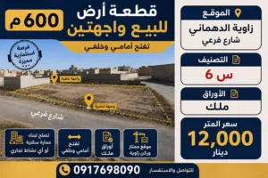 قظعة. ارض. 600 م. واجهتين. أمامي. وخلفي. زوايه. الدهماني.