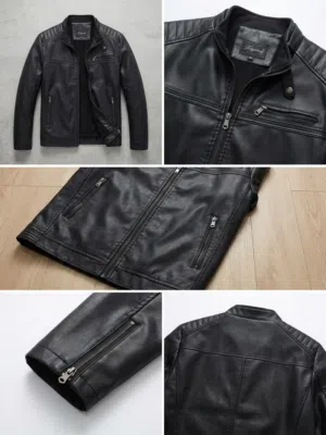جاكيت جلد رجالي أسود أنيق – تصميم عصري شبه جديد تماما سبب البيع لا يناسب مقاسي يناسب اوزان من 70-90