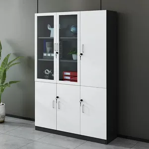 This is a modern office storage cabinet with glass doors and adjustable shelves.