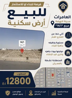 انا المالك العامرات مدينة النهضة14/1 ثاني خط من الشارع الرئيسي فرصه للاستثمار او البناء