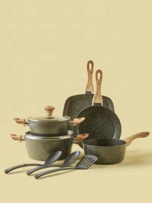 10-Piece Non-Stick Cookware Set with  Glass Lids & Wood Handles