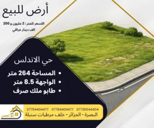 في حي الاندلس ارض للبيع بمساحة 264 متر