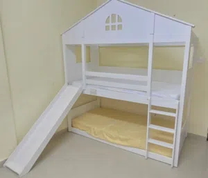 White wooden kids bunk bed with slide - good condition