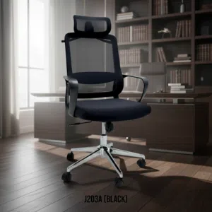 كرسي مكتب مريح بظهر شبكي ومسند للرأس - موديل J203A (أسود)