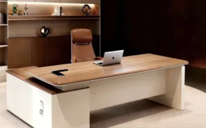 modern executive L-shaped office desk, also commonly referred to as a boss table or CEO desk.