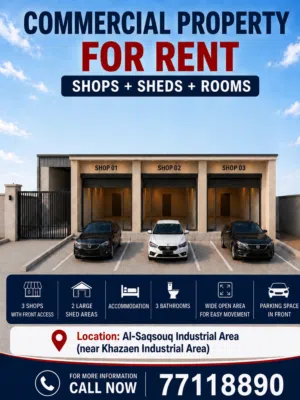 For Rent – Prime Industrial Facility in Barkaللإيجار أرض صناعيه بها محلات في الامام ومظلات في الخلف