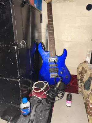 guitar lead (ERG 121c) blue colour with speaker and studio microphone recorder