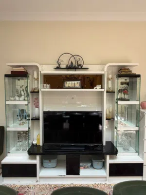 Modern TV Unit with Glass Display Cabinets (White & Black)