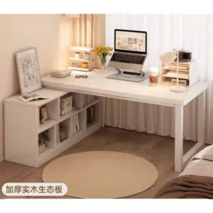 طاولة دراسية خشبية - طاولة مكتبيه بهيكل معدني و مكتبة سفلية.