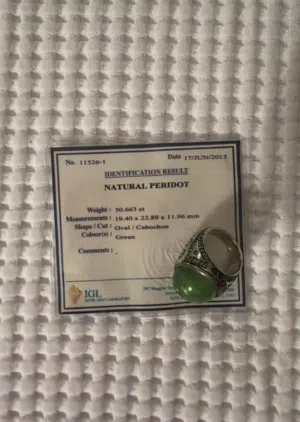 LARGE 50ct Peridot Ring in Premium Sterling Silver Setting with green Zircon and Certificate
