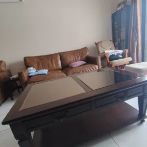 pure leather sofa and wooden center table