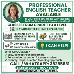 10 Years Experienced Female English Teacher in Manama!