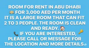 Room for rent in Abu Dhabi that can fit 2 to 3 people.