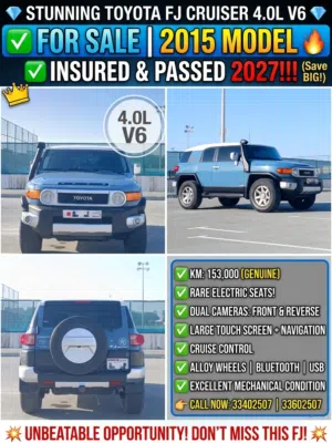 URGENT SALE: 2015 FJ CRUISER IN SHOWROOM CONDITION – INSURED & PASSED UNTIL 2027!