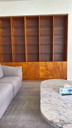 Luxury Natural Wood Bookshelf with Glass Shelves & LED Lights – 254x237cm – Ready to Deliver