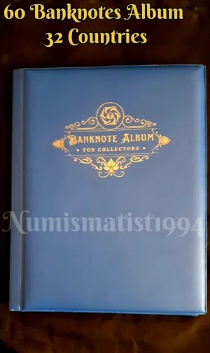 60 banknotes Album with 32 country and 3 types of Egyptian Replacement Banknotes OMR. 40