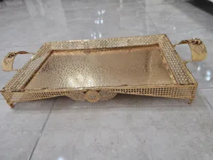 صينيه تقديم ذهبي صحن مزخرف وصحن زجاج