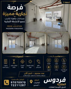 محل تجاري جديد (للإيجار) في موقع مميز بالعامرات – المحج