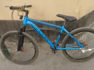 adult mountain bicycle with disc brakes and suspension fork. clean, smooth and tyre also clean.