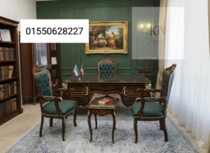 مكتب اداري فخم بانيو وزاري خشب زان احمر  مطعم بالنحاس الاصلي مقاس  180سم 5درج اثاث مكتبي للبيع