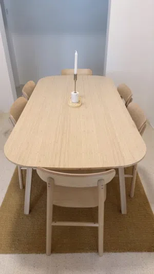 dining table ( 180 * 90 ) cm Ikea brand with 6 chairs, light bamboo