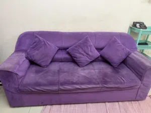 Comfortable 3-Seater Purple Sofa with Cushions – Good Condition