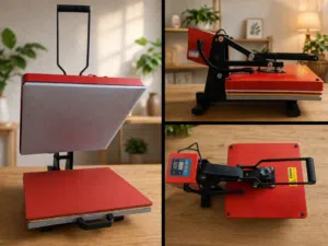 هذه الآلة هي مكبس حراري (Heat Press Machine)، وتستخدم لنقل التصميمات أو الرسومات على الأقمشة