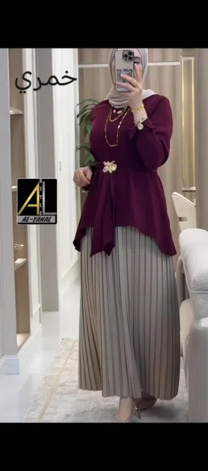 أهلا وسهلا طقم أنيق بقصة مميزة وتنسيق راقٍ، يعطيك إطلالة مرتبة وجذابة بكل مناسبة تنوره كسرات