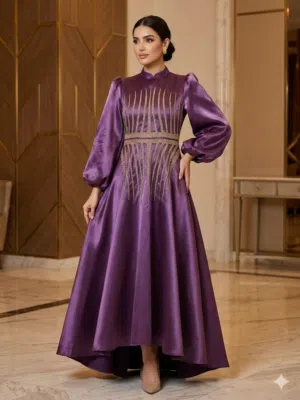 فستان سهرة ساتان بنفسجي (جديد - مقاس L).