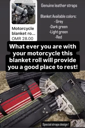 Motorcycle Black genuine leather blanket roll strap with a blanket in various of colors.