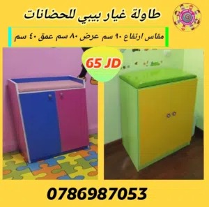 طاولة غيار بيبي مع خزانة ورفوف للحضانات وجميع تجهيزات الحضانة متوفر خدمة التوصيل لجميع المحافظات
