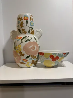 Decorative Floral Ceramic Vase & Bowl Set