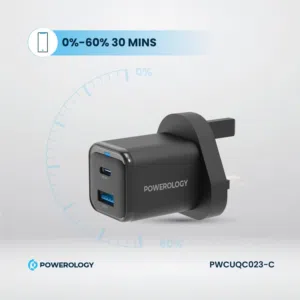 شاحن Powerology 35 واط PD QC 1xUSB-C 35 واط و 1xUSB-A 18 واط GaN المملكة المتحدة - مع Type C إلى C 6