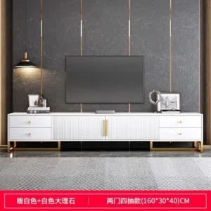 خزانة تلفزيون خشبية بشكل عصري لون ابيض و ذهبي بجرارات جانبية و خزانات المقاس 160*30*40سم