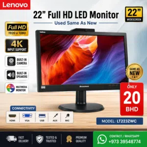 LENOVO 22” FULL HD MONITOR WITH CAMERA & SPEAKERS – SPECIAL OFFER – ONLY BHD 22!
