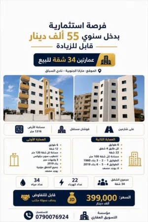فرصة استثمارية بدخل سنوي 55 الف دينار عمارتين 34 شقة للبيع