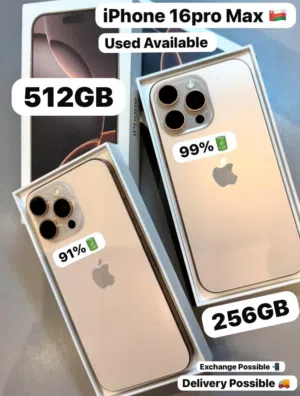 iPhone 16pro max  Arabic  256Gb 99% 379 omr 512GB 91% 369 omr