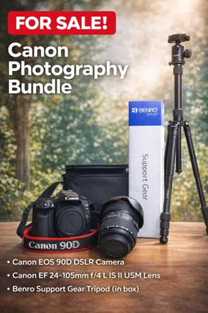 كاميرا canon Eos 90D dslr عدسة كانون 24 -105 mm مانع اهتزاز Benro sapport gear tripod in box