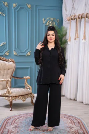 سوت نسائي   خامة لينن سواد فاحم جوانب الخصر حبل   L.XL.2XL.3XL. .