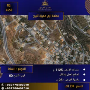 رقم الاعلان (4550) ارض سكنية للبيع  قرب شارع الستين منطقة قصور وفلل