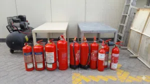 For Sale: Assorted fire extinguishers and air compressor.