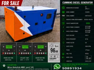 Cummins Diesel Generator 30kVA Prime / 33kVA Standby – 2018 Model