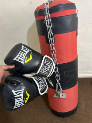 كيس ملاكمة مع قفازات Everlast بحالة ممتازة
